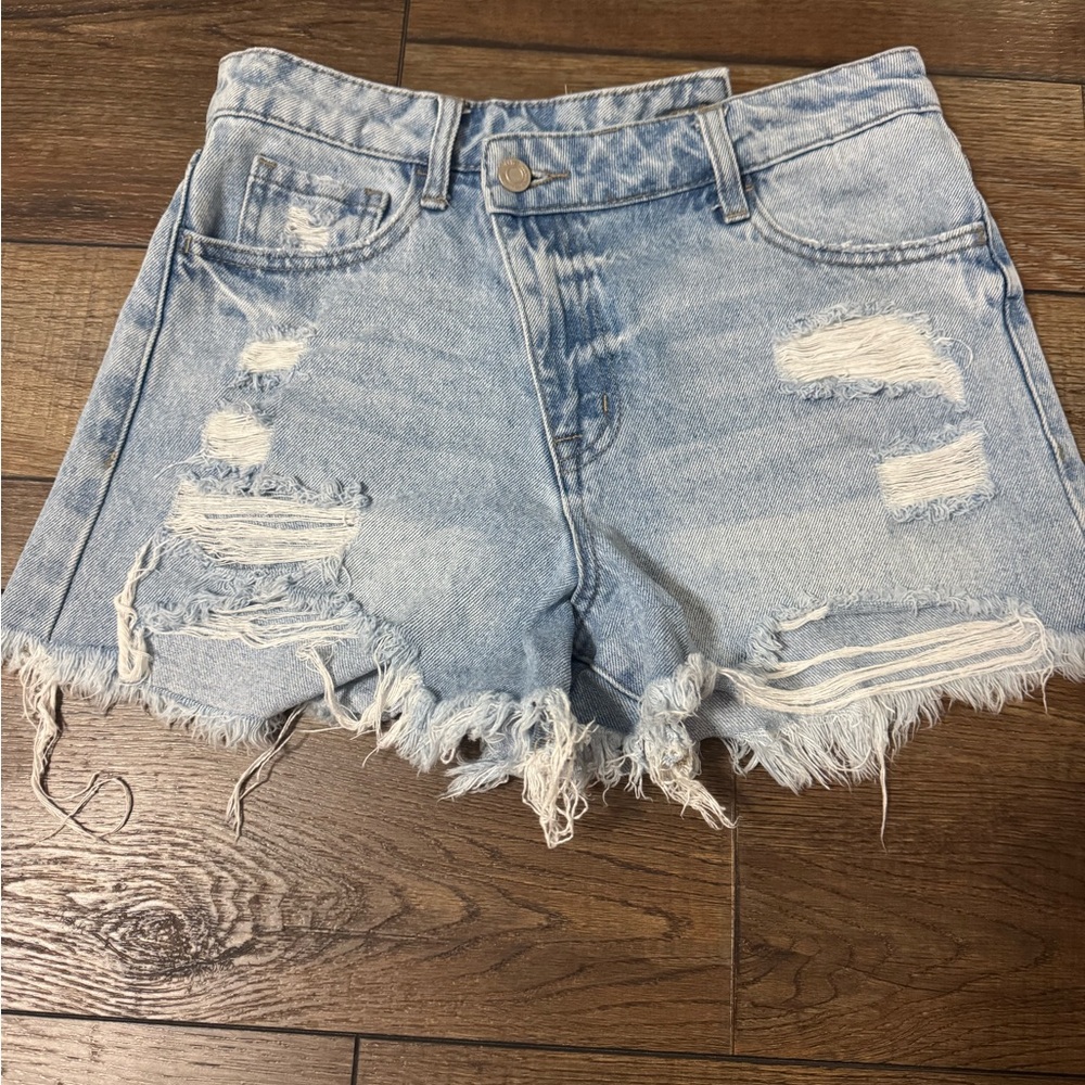 Blue Distressed Jean Shorts with Frayed Hem